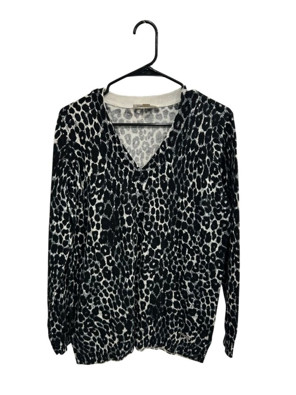 Michael Kors Large Black White Leopard Print V-Neck Sweater Retro Statement Styl